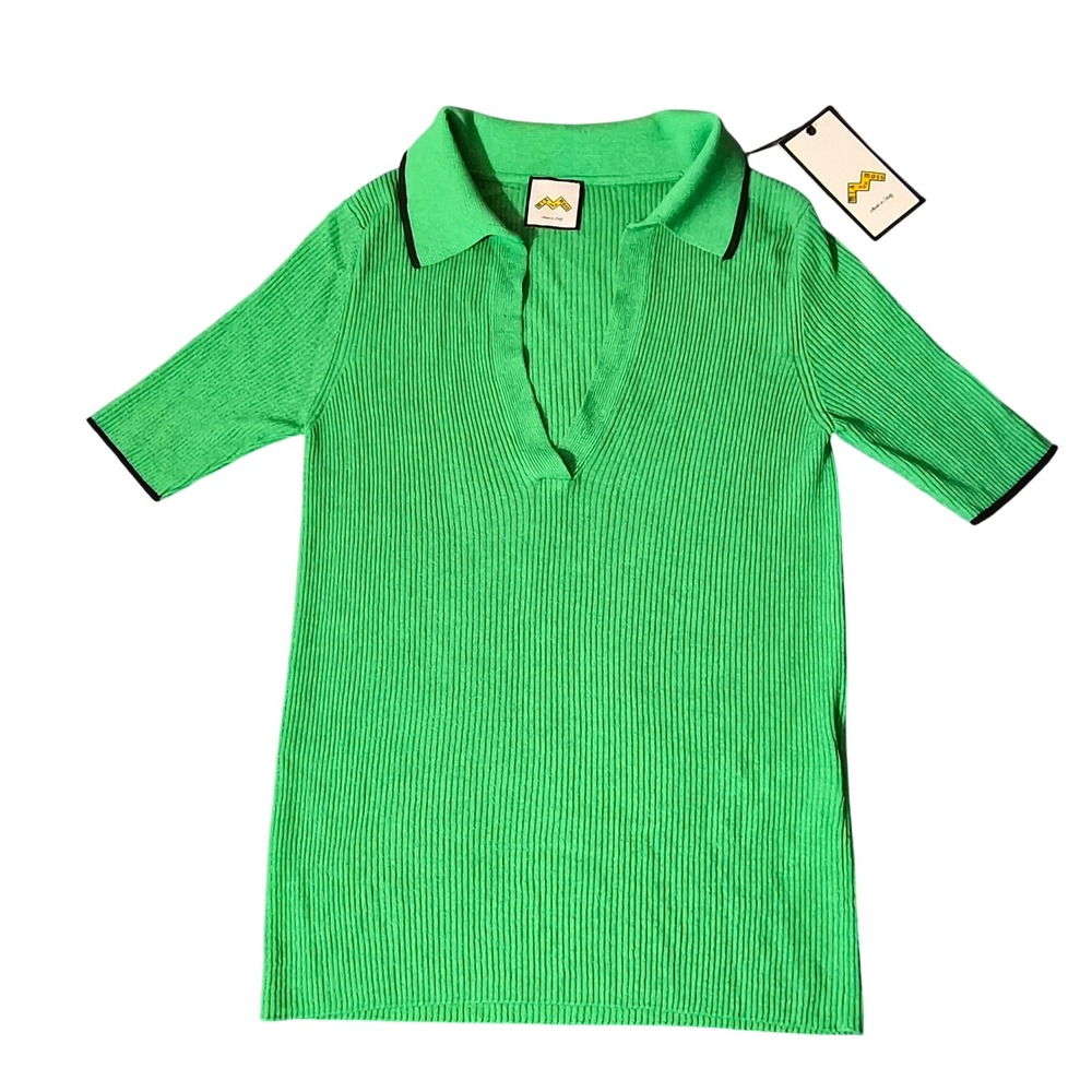 Mia and Moss Perfection Tipped Polo Jolly Green Ribbed V-Neck Top MM1213-01 S